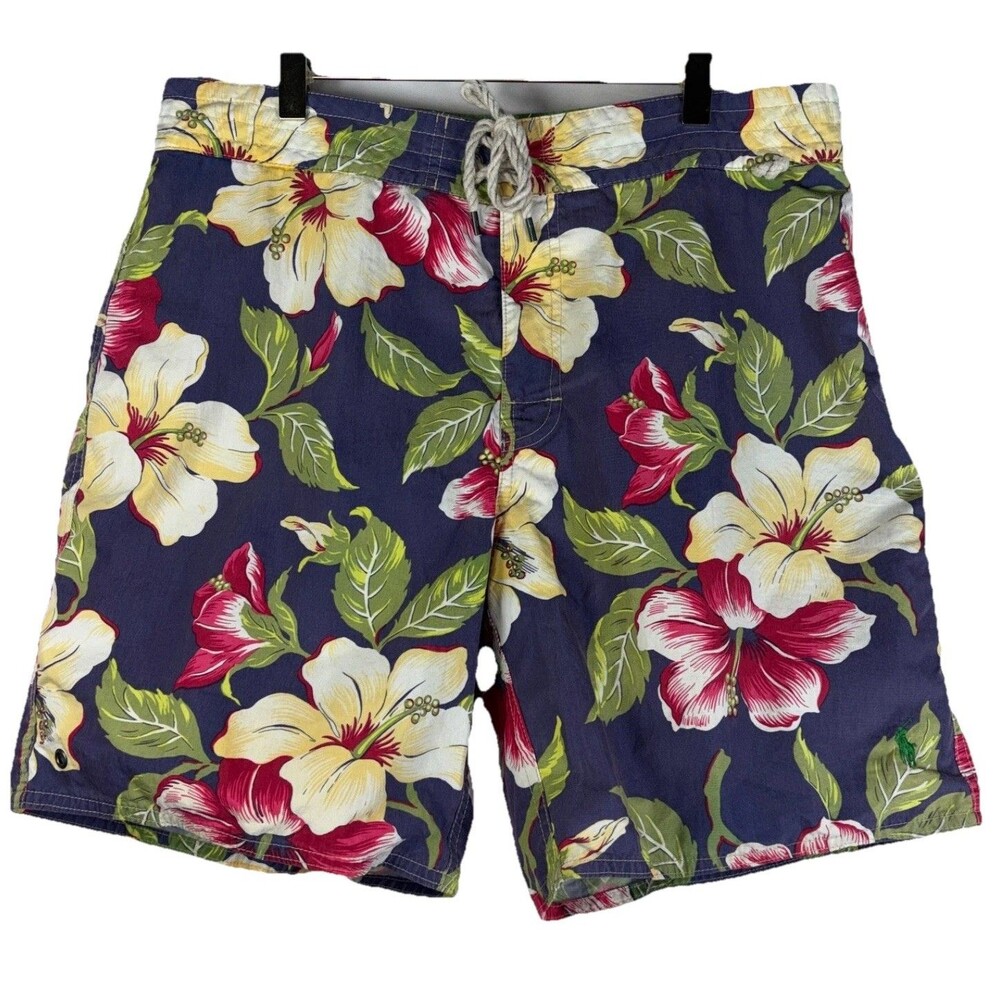 Ralph Lauren Polo Swim Trunks 35 Traveler Classic Vintage Hibiscus Hawaiian 5.5"